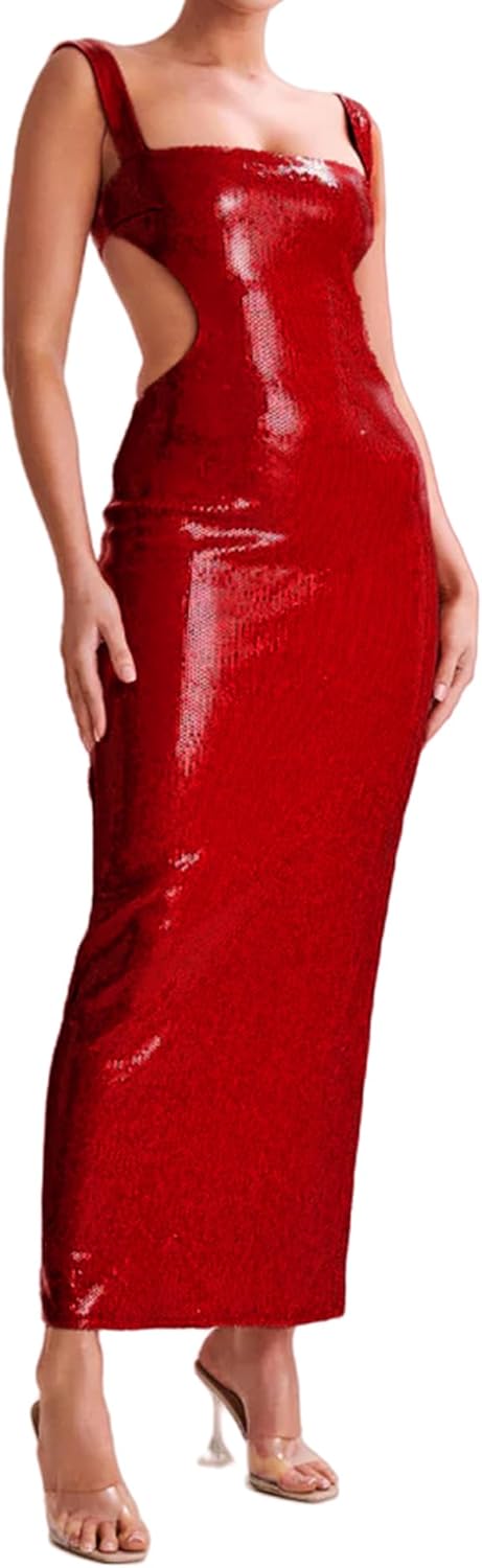 Women's Sequin Bodycon Maxi Dress Cut Out Waist Open Back Sparkly Long Dress Sexy Backless Cocktail Party Dresses