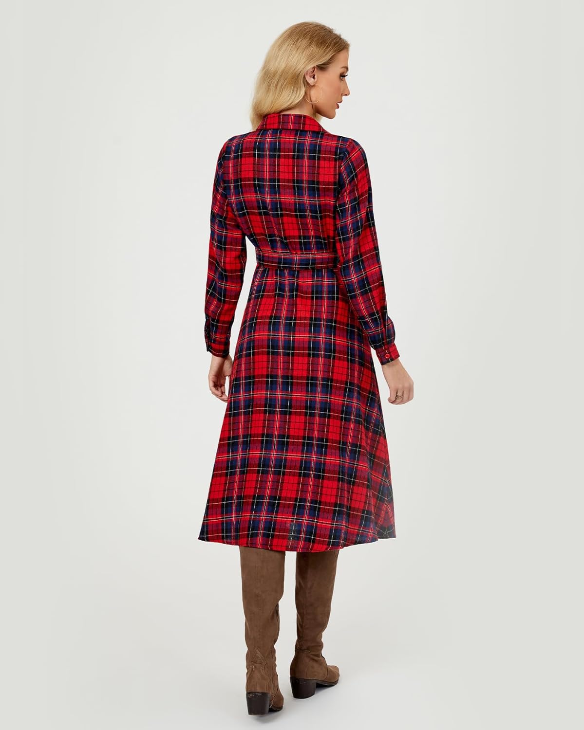 Women's Plaid Maxi Dress Long Sleeve Collared Flannel Belted Button Down Shirt Long Dress Christmas Dress