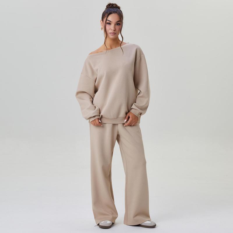 Women's Leisure Solid Color Sloping Shoulder Long Sleeve Top & Wide Leg Trousers Co-ord, Cozy Scoop Neck Loose Two Piece Outfits, Basic Womenswear
