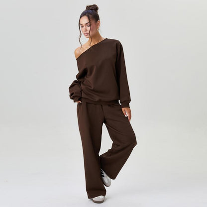 Women's Leisure Solid Color Sloping Shoulder Long Sleeve Top & Wide Leg Trousers Co-ord, Cozy Scoop Neck Loose Two Piece Outfits, Basic Womenswear