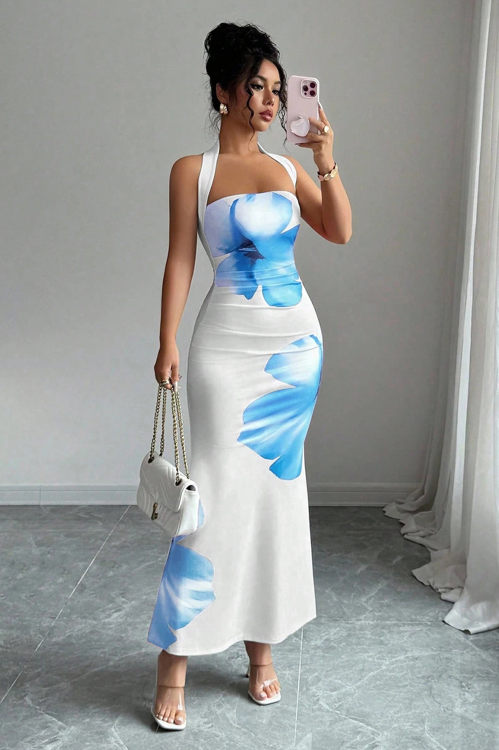 VACATION PARTY WEAR HALTER NECK FLORAL PRINT FISHTAIL MAXI DRESS