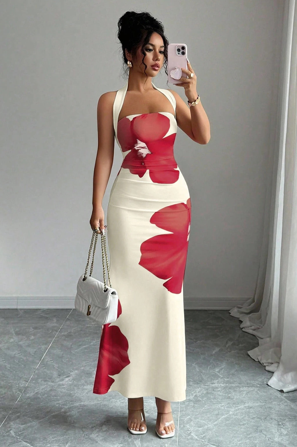 VACATION PARTY WEAR HALTER NECK FLORAL PRINT FISHTAIL MAXI DRESS