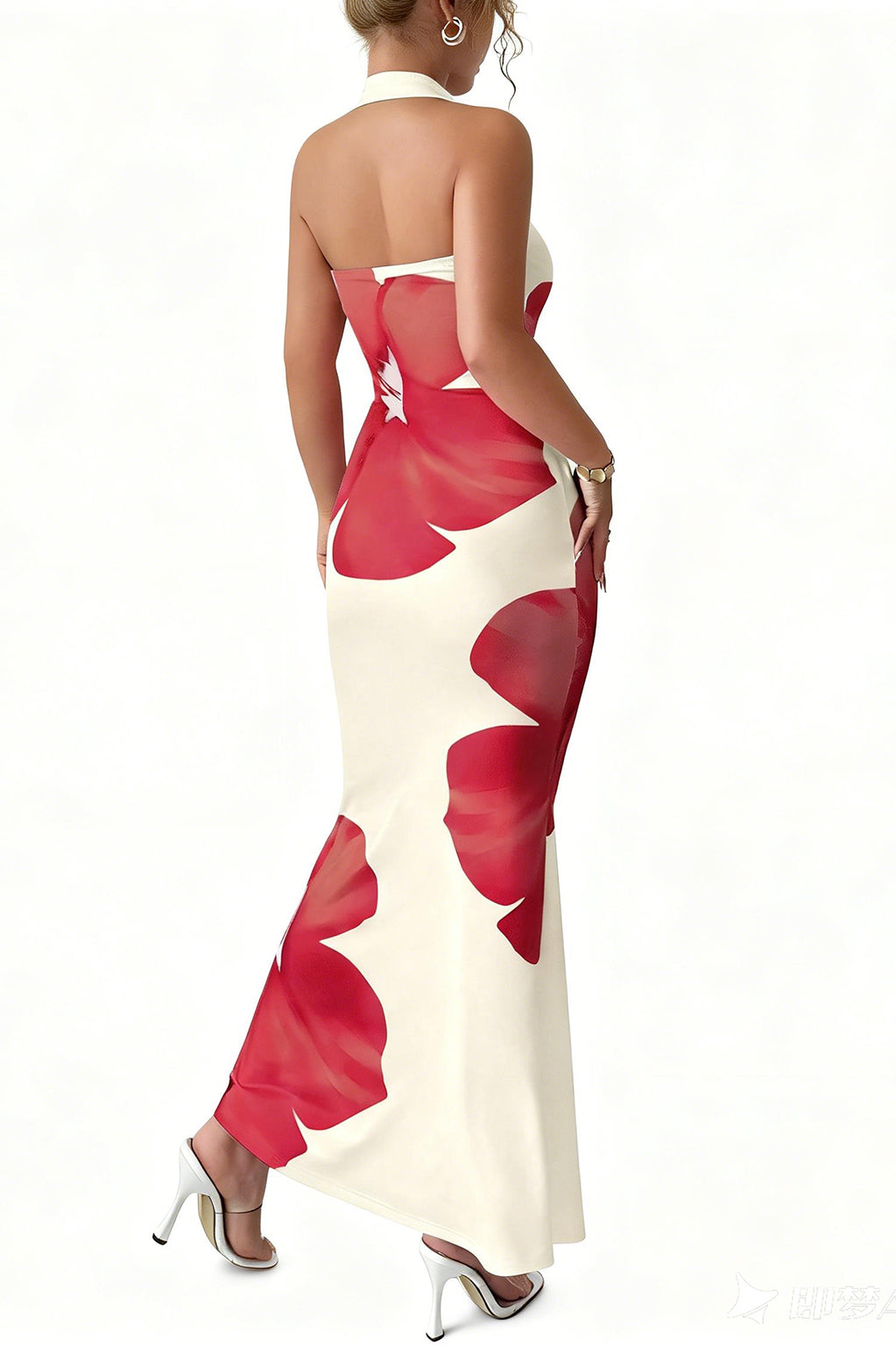 VACATION PARTY WEAR HALTER NECK FLORAL PRINT FISHTAIL MAXI DRESS