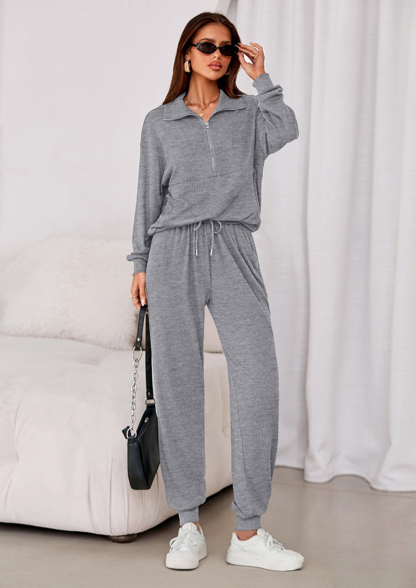 Women's Fall 2 Piece Lounge Sets Zip Up Sweatshirt Jogger Pants Sweat Track Suits Travel Outfit Winter Clothing