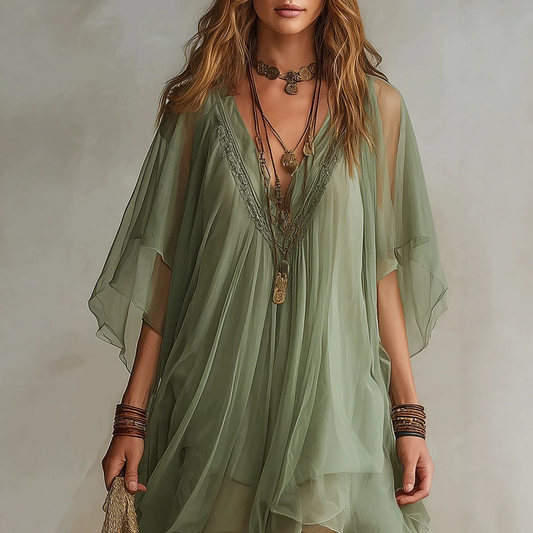 FLOWY V-NECK CHIFFON BEACH DRESS