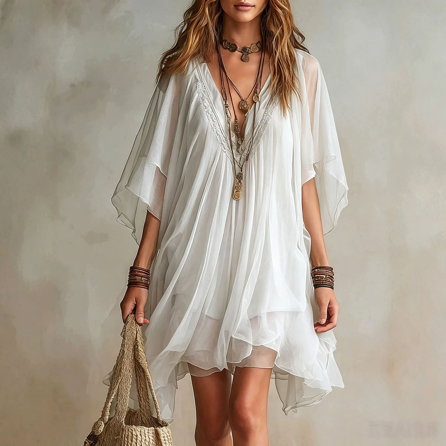 FLOWY V-NECK CHIFFON BEACH DRESS