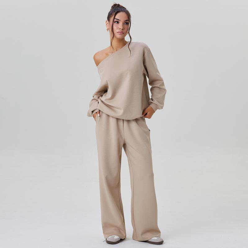 Women's Leisure Solid Color Sloping Shoulder Long Sleeve Top & Wide Leg Trousers Co-ord, Cozy Scoop Neck Loose Two Piece Outfits, Basic Womenswear