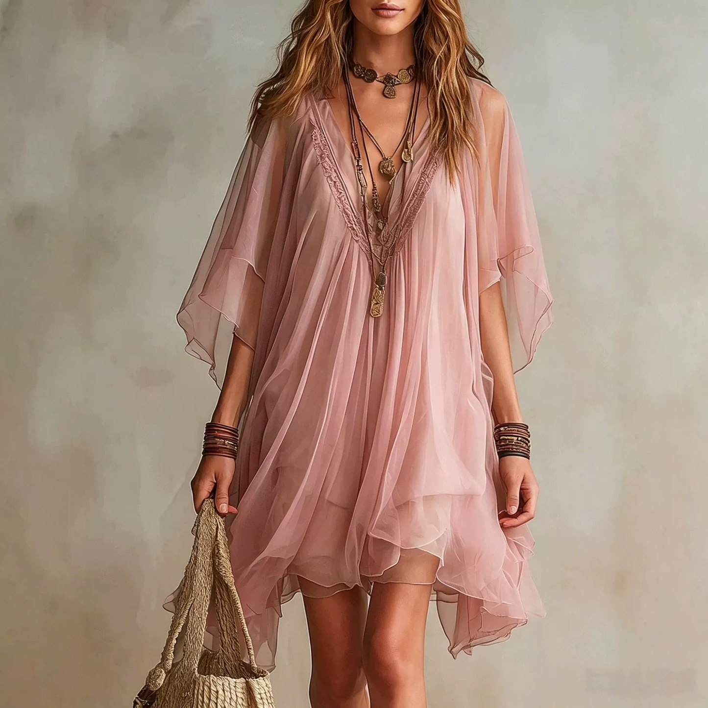 FLOWY V-NECK CHIFFON BEACH DRESS