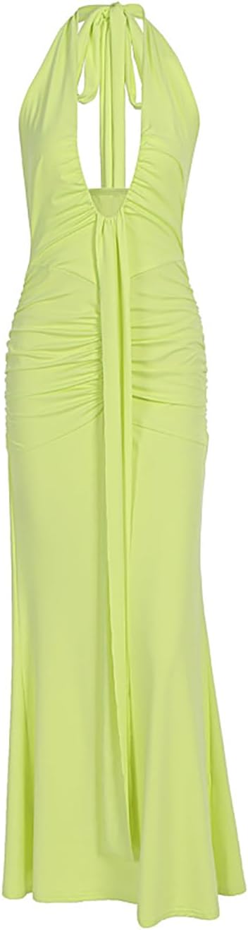 Womens Elegant Halter Deep V Neck Maxi Dress Sleeveless Boycon Backless Ruched Formal Long Dress
