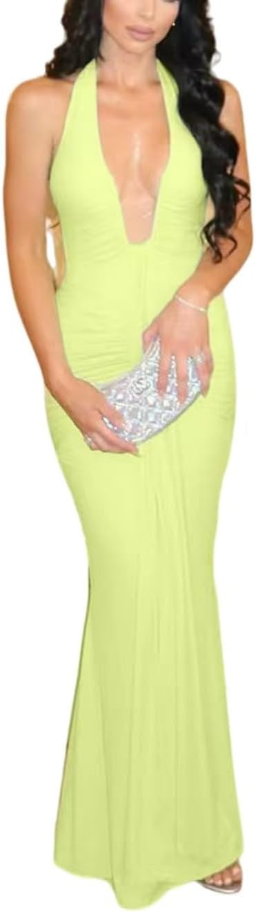 Womens Elegant Halter Deep V Neck Maxi Dress Sleeveless Boycon Backless Ruched Formal Long Dress
