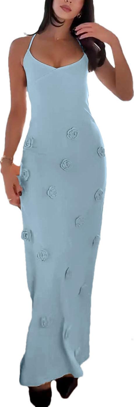 Women's Knit Maxi Dress Spaghetti Strap Floral Dresses Bodycon Knitted Beach Long Dress Backless Swim Cover up Dresses