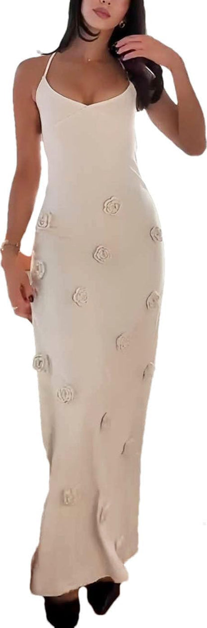 Women's Knit Maxi Dress Spaghetti Strap Floral Dresses Bodycon Knitted Beach Long Dress Backless Swim Cover up Dresses