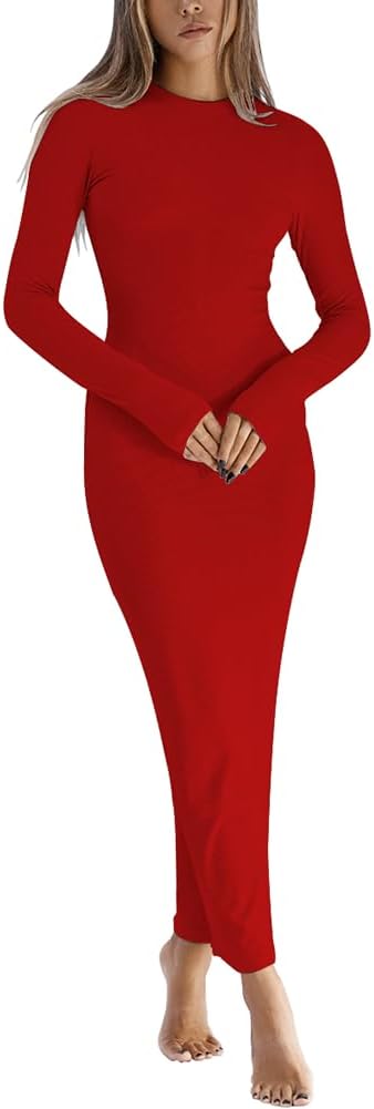 Dressmine Women Long Sleeve Bodycon Maxi Dresses Sexy Wedding Party Pencil Dress Fall Trendy Casual Ribbed Midi Dress 2025
