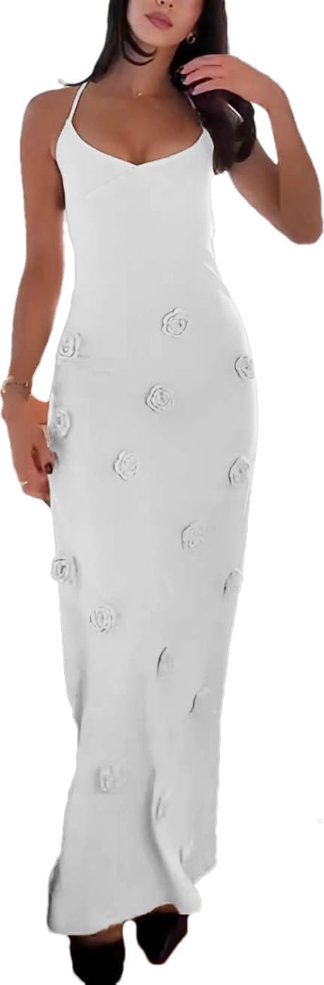 Women's Knit Maxi Dress Spaghetti Strap Floral Dresses Bodycon Knitted Beach Long Dress Backless Swim Cover up Dresses