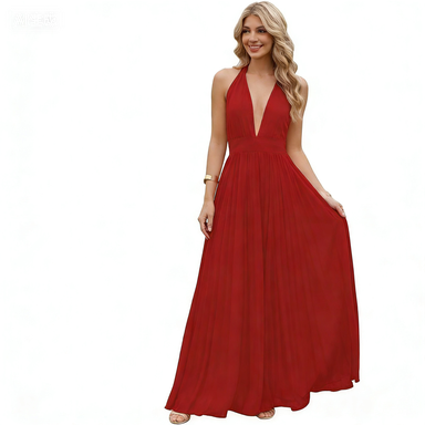 Satin Prom Dress with V-Neck 2026 A-line Sleeveless Backless Halter Ruched Cocktail Party Dress NT38