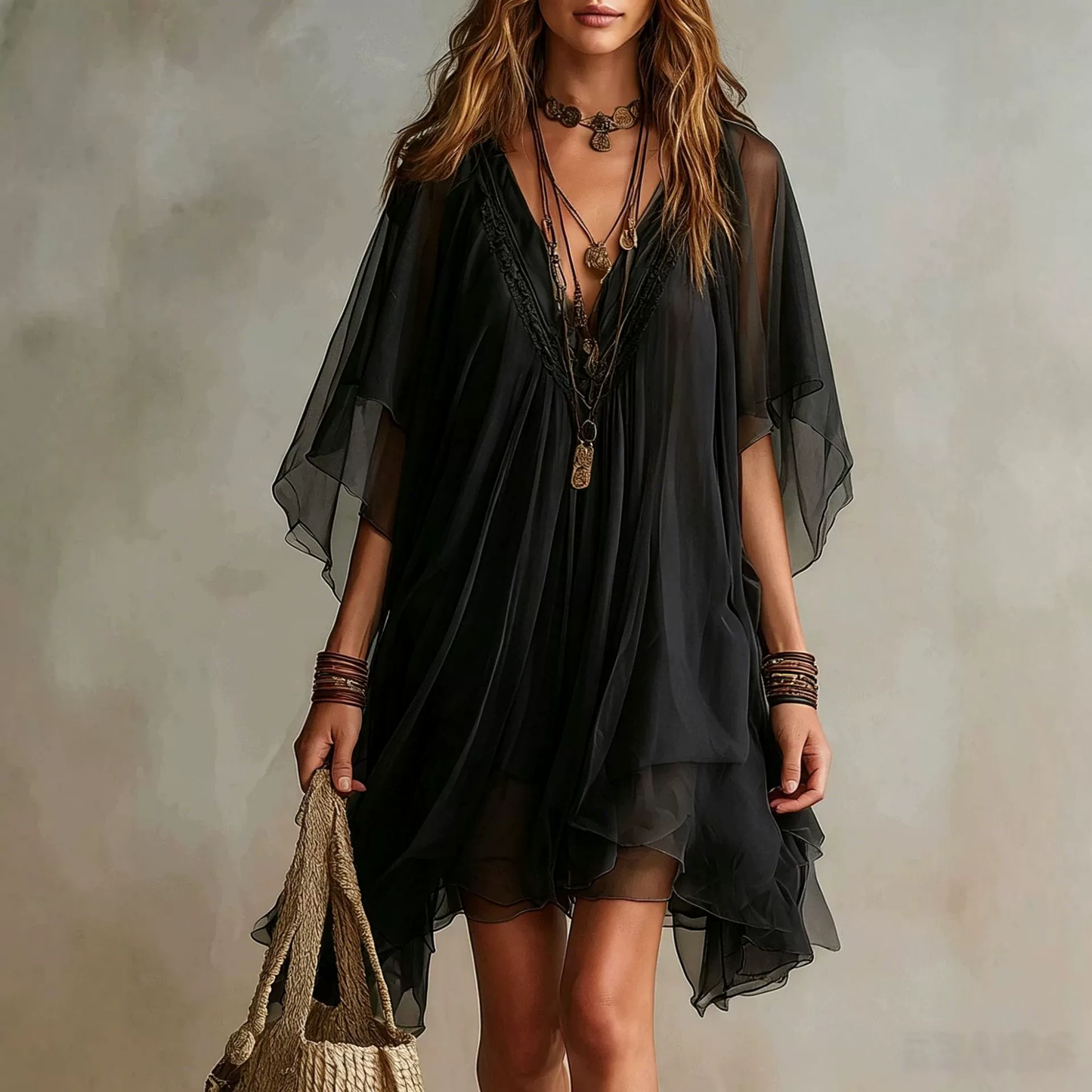 FLOWY V-NECK CHIFFON BEACH DRESS