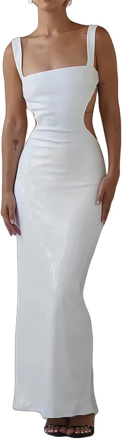 Women's Sequin Bodycon Maxi Dress Cut Out Waist Open Back Sparkly Long Dress Sexy Backless Cocktail Party Dresses