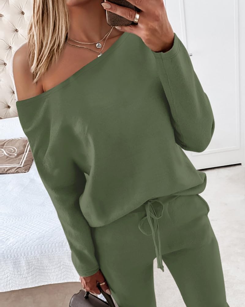 CHICME Women Tracksuit 2025 Fall 2 piece Outfits Off The Shoulder Long Sleeve Tops and Pants Set Travel Outfits