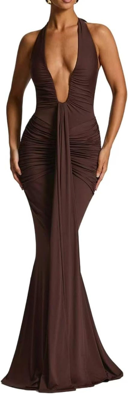 Womens Elegant Halter Deep V Neck Maxi Dress Sleeveless Boycon Backless Ruched Formal Long Dress