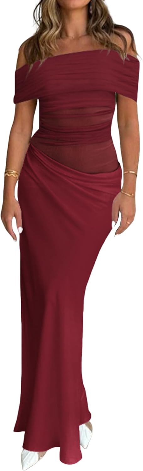 Women Long Off The Shoulder Mesh Sheer Ruched Cocktail Party Club Sexy Maxi Dress