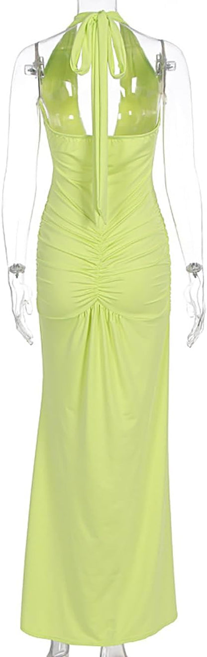 Womens Elegant Halter Deep V Neck Maxi Dress Sleeveless Boycon Backless Ruched Formal Long Dress