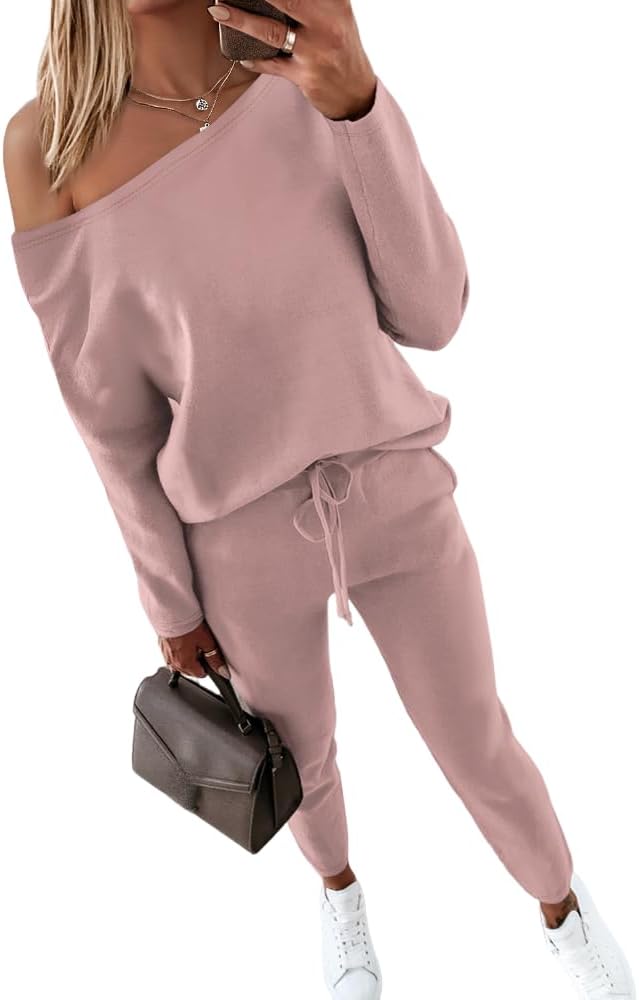 CHICME Women Tracksuit 2025 Fall 2 piece Outfits Off The Shoulder Long Sleeve Tops and Pants Set Travel Outfits