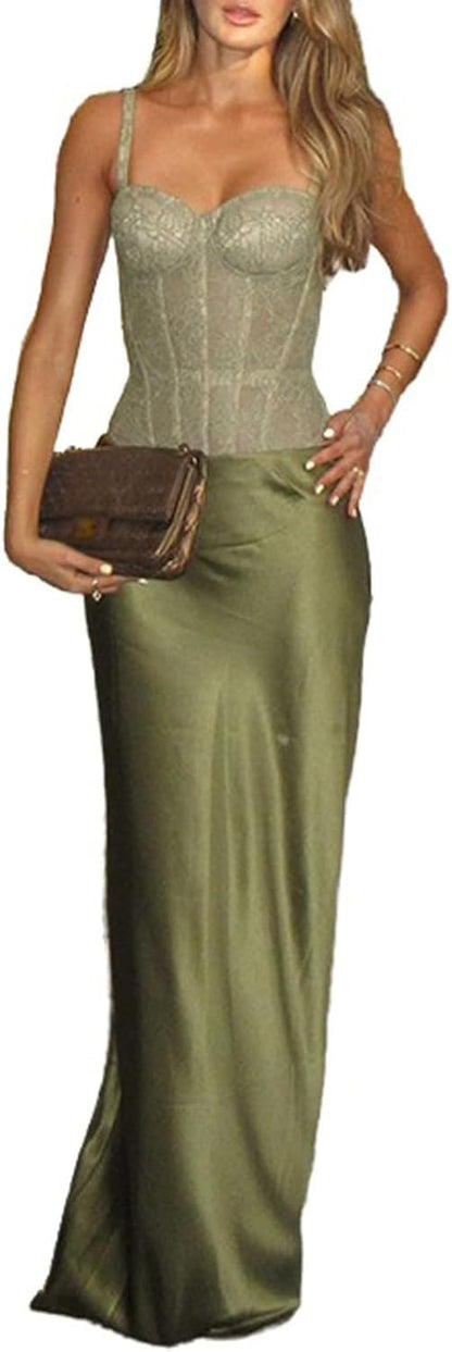 Mandonce Sexy Dresses for Women Sleeveless Lace Corset Top and Silk Maxi Skirt Vacation Outfits Two Piece Sets Summer Dressy