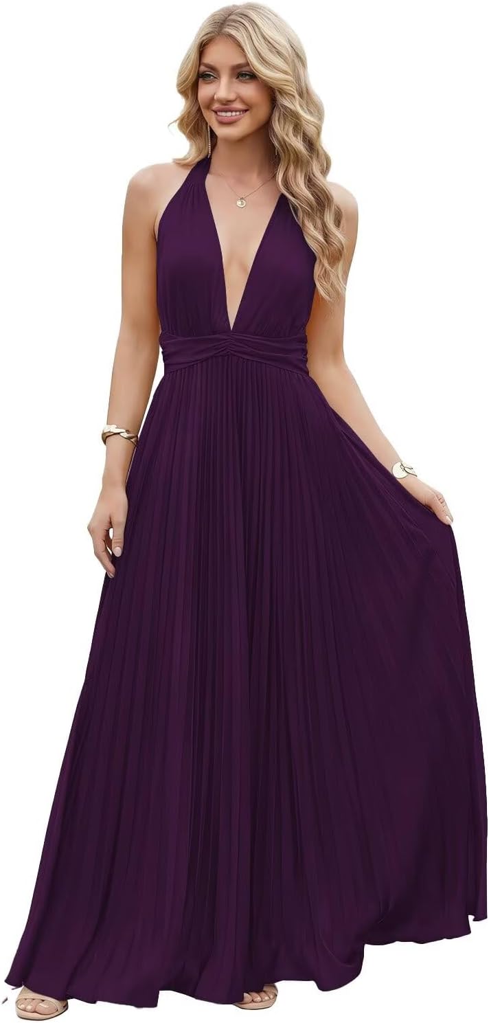 Satin Prom Dress with V-Neck 2026 A-line Sleeveless Backless Halter Ruched Cocktail Party Dress NT38