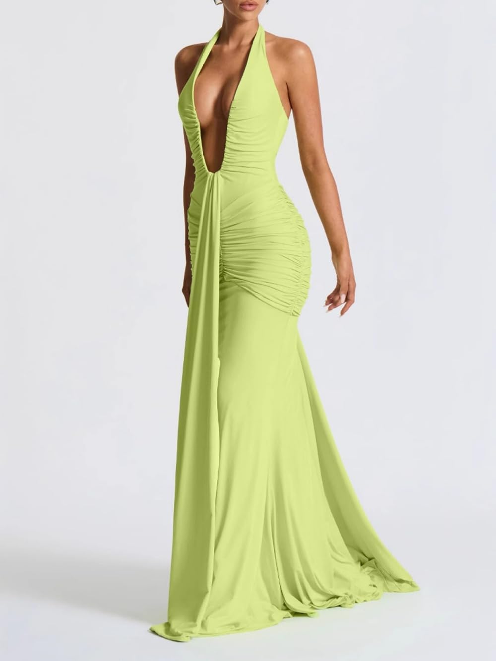 Womens Elegant Halter Deep V Neck Maxi Dress Sleeveless Boycon Backless Ruched Formal Long Dress