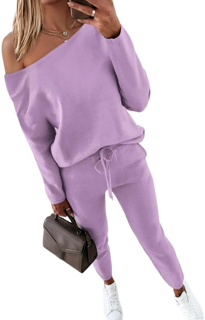 CHICME Women Tracksuit 2025 Fall 2 piece Outfits Off The Shoulder Long Sleeve Tops and Pants Set Travel Outfits