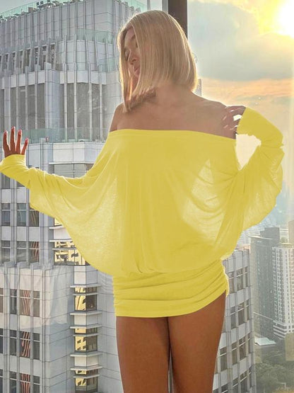 Women's Sheer Ruched Party Dress, Off-The-Shoulder Long Sleeve Women's Mini Dress for Spring & Fall