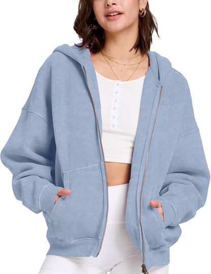 Womens Zip Up Hoodie Oversized Acid Wash Sweatshirts Heavyweight Fall Fashion Outfits Casual Jackets Winter Clothes