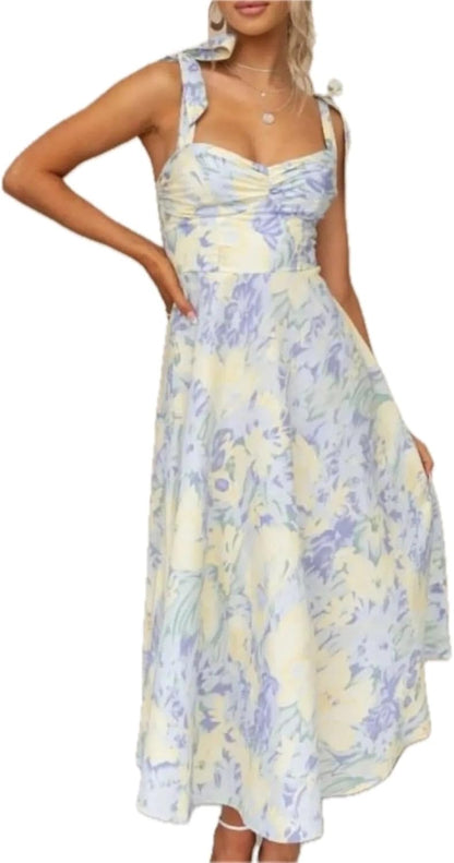 Women's Floral Tie Strap Sweetheart Neck Midi Dress Polyester Fabric 100% for Elegant Summer Party Outfit for Everyday