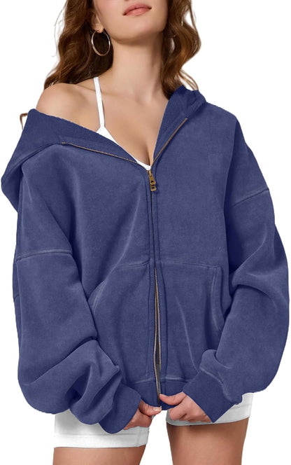 Womens Zip Up Hoodie Oversized Acid Wash Sweatshirts Heavyweight Fall Fashion Outfits Casual Jackets Winter Clothes