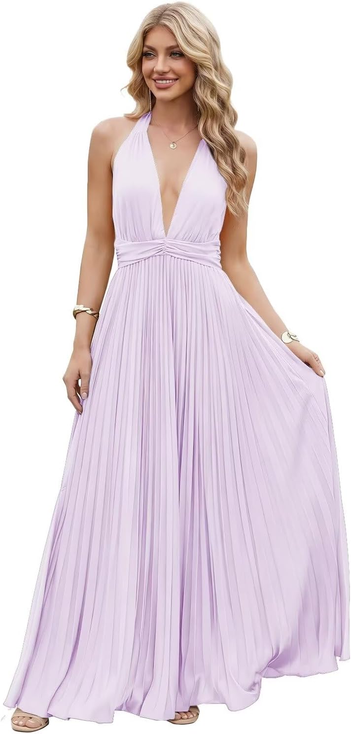 Satin Prom Dress with V-Neck 2026 A-line Sleeveless Backless Halter Ruched Cocktail Party Dress NT38