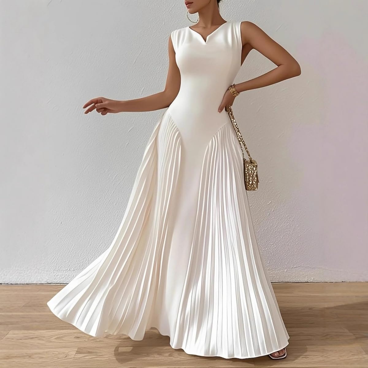Women's Pleated Long Dress Evening Gown Wedding Guest Cocktail Party Formal Attire