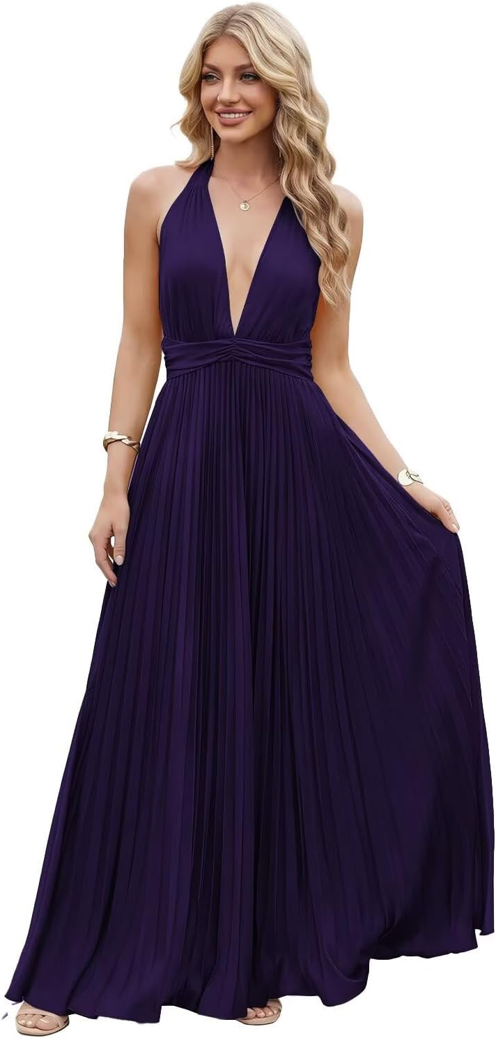 Satin Prom Dress with V-Neck 2026 A-line Sleeveless Backless Halter Ruched Cocktail Party Dress NT38