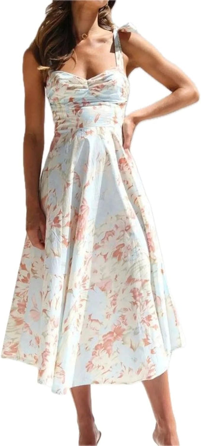 Women's Floral Tie Strap Sweetheart Neck Midi Dress Polyester Fabric 100% for Elegant Summer Party Outfit for Everyday