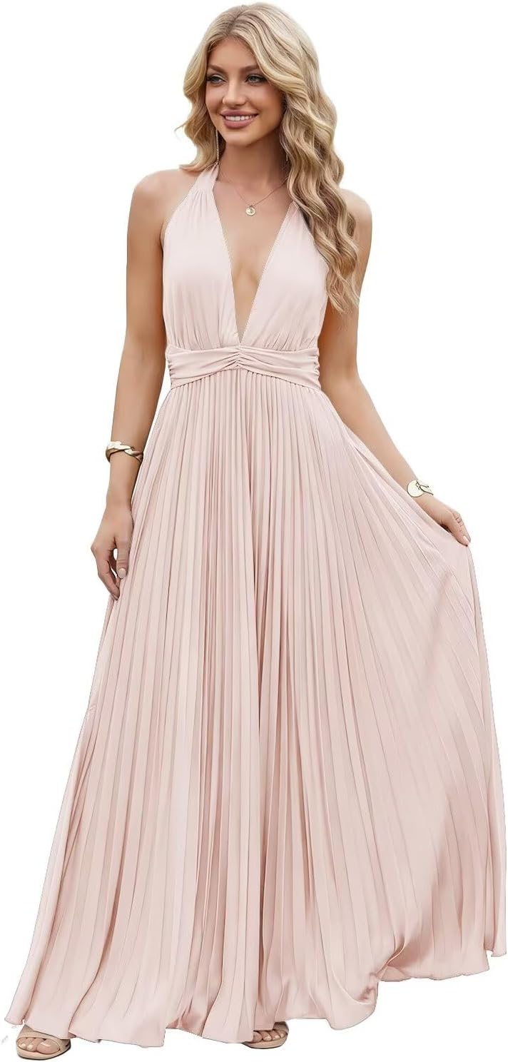 Satin Prom Dress with V-Neck 2026 A-line Sleeveless Backless Halter Ruched Cocktail Party Dress NT38