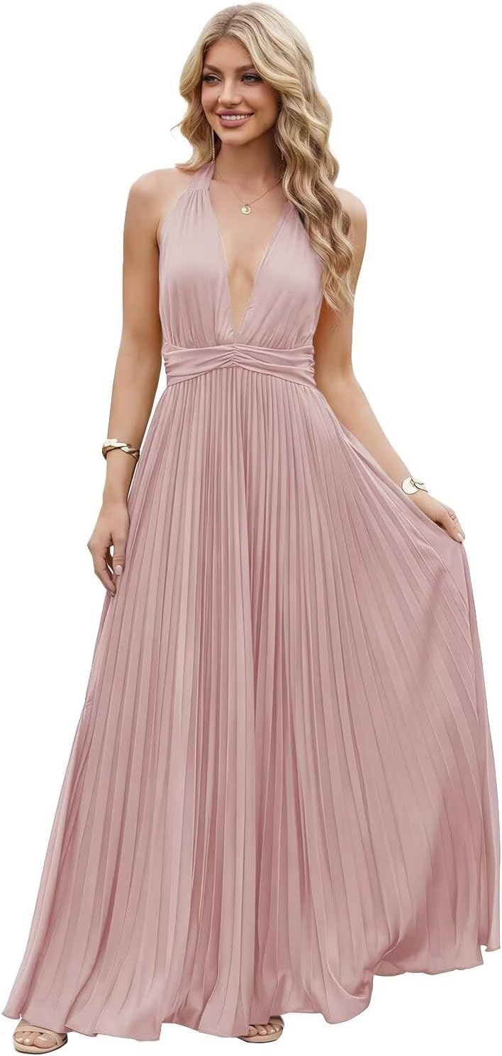 Satin Prom Dress with V-Neck 2026 A-line Sleeveless Backless Halter Ruched Cocktail Party Dress NT38