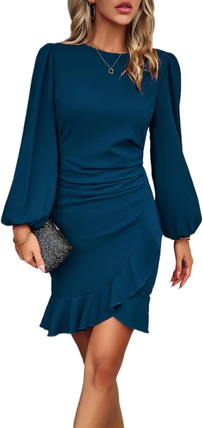 Women Formal Elegant Mini Dress Long Lantern Sleeve Ruffle Hem Ruched Party Cocktail Wedding Guest Work Dresses