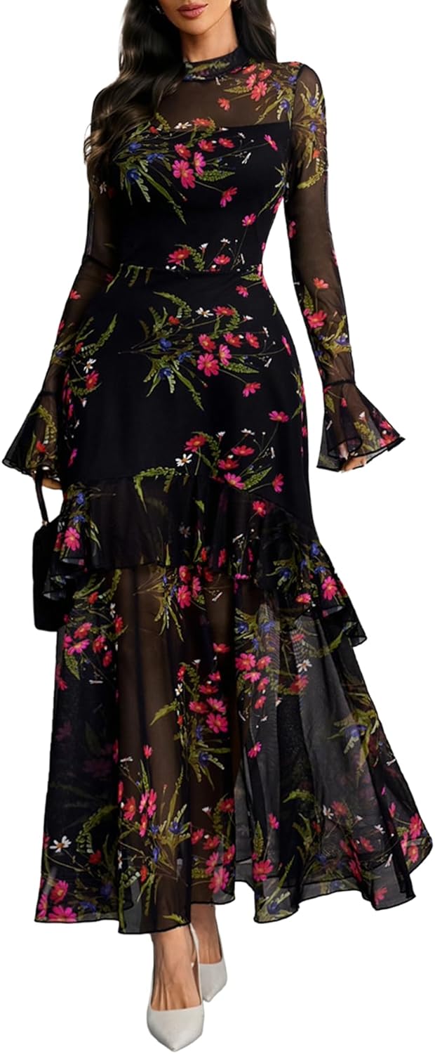 GothDark Womens Floral Maxi Dress Sheer Mesh Bell Sleeve Tiered Ruffle Gothic Romantic Casual Long Dresses