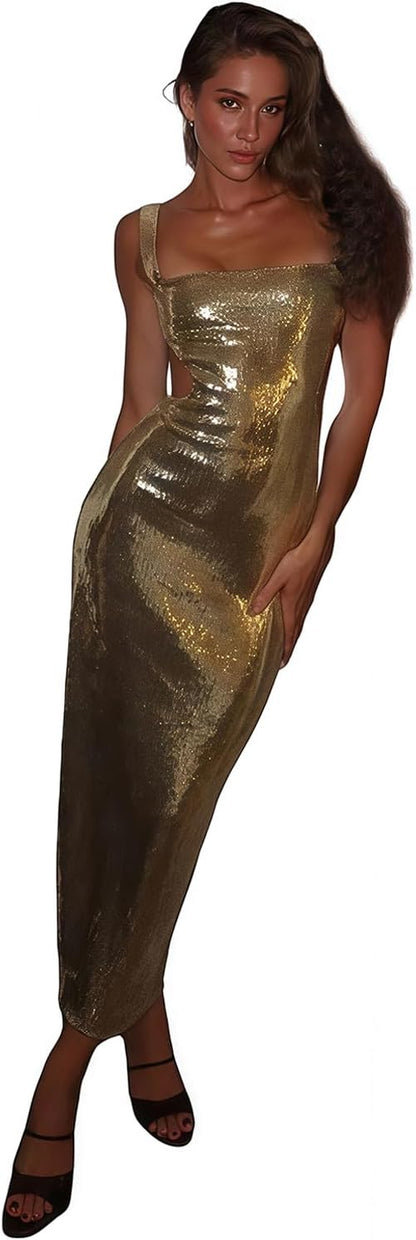 Women's Sequin Bodycon Maxi Dress Cut Out Waist Open Back Sparkly Long Dress Sexy Backless Cocktail Party Dresses