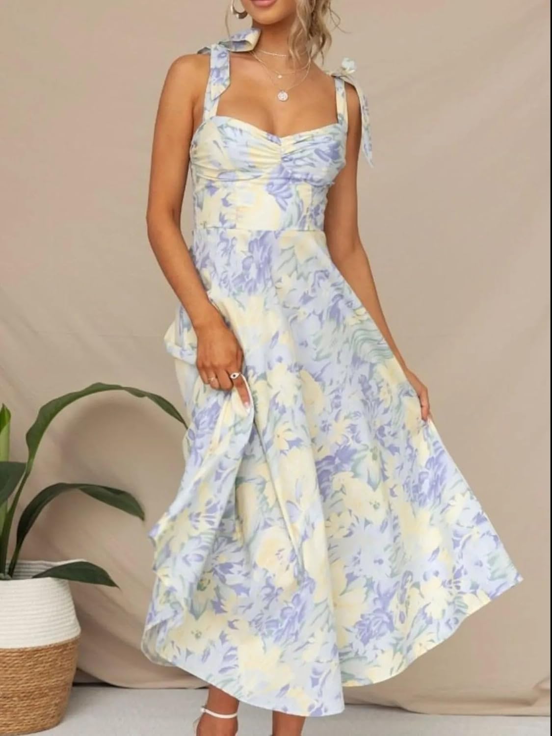 Women's Floral Tie Strap Sweetheart Neck Midi Dress Polyester Fabric 100% for Elegant Summer Party Outfit for Everyday