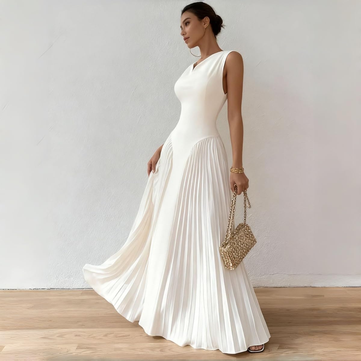 Women's Pleated Long Dress Evening Gown Wedding Guest Cocktail Party Formal Attire