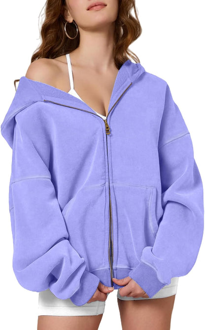 Womens Zip Up Hoodie Oversized Acid Wash Sweatshirts Heavyweight Fall Fashion Outfits Casual Jackets Winter Clothes