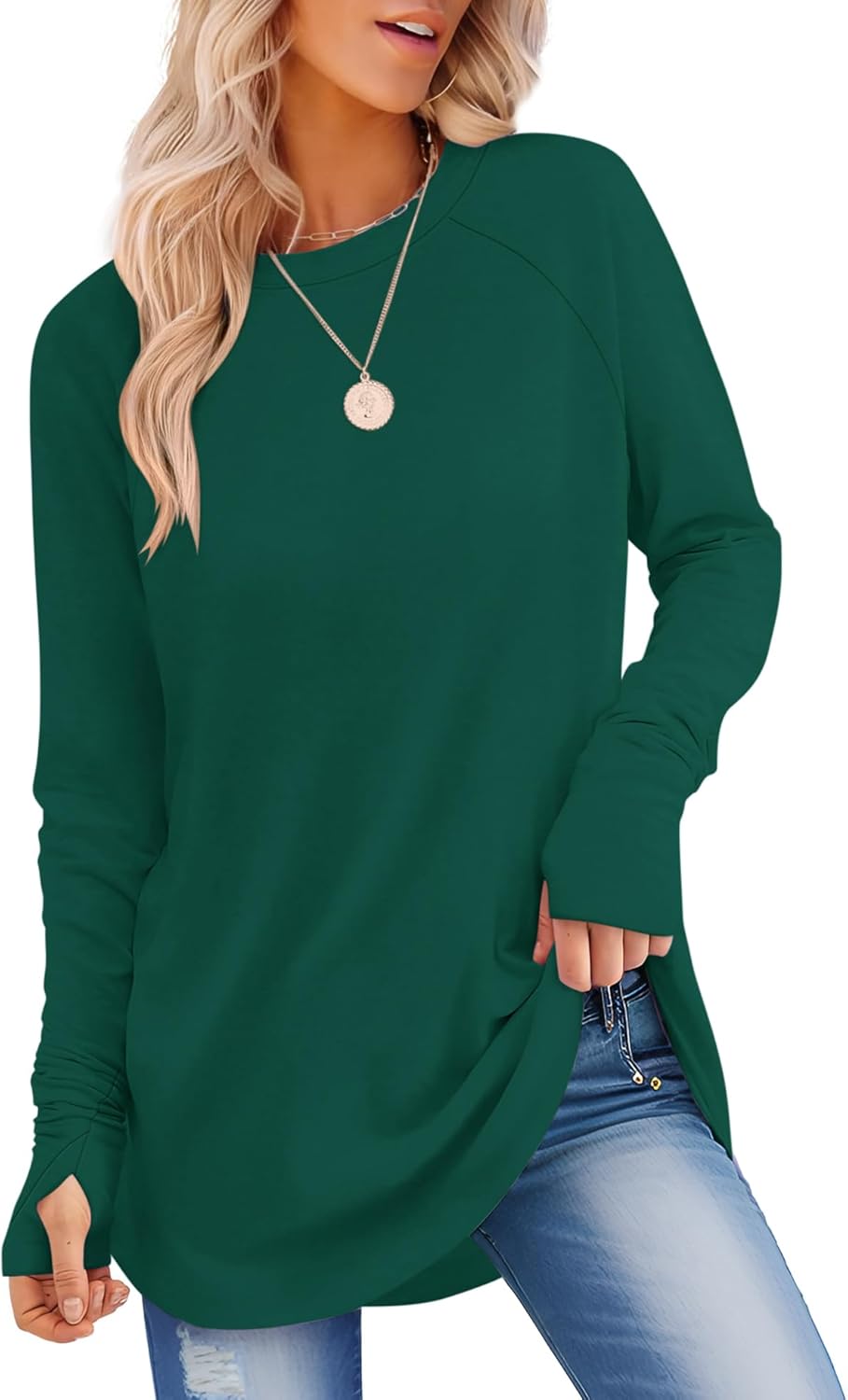 Womens Long Sleeve Shirts Crew Neck Tunic Tops to Wear with Leggings Casual Loose Fit Thumb Hole T-Shirts