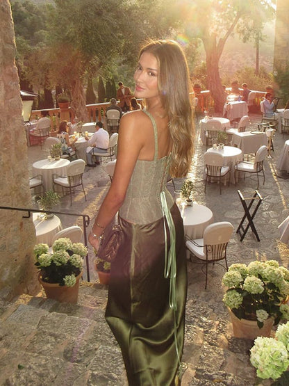 Mandonce Sexy Dresses for Women Sleeveless Lace Corset Top and Silk Maxi Skirt Vacation Outfits Two Piece Sets Summer Dressy