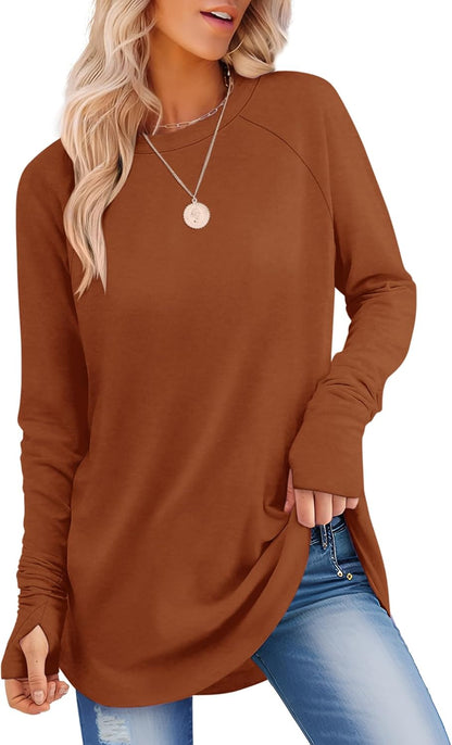Womens Long Sleeve Shirts Crew Neck Tunic Tops to Wear with Leggings Casual Loose Fit Thumb Hole T-Shirts