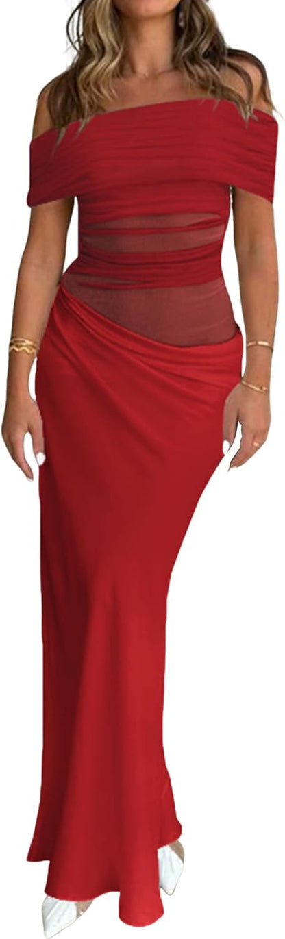 Women Long Off The Shoulder Mesh Sheer Ruched Cocktail Party Club Sexy Maxi Dress